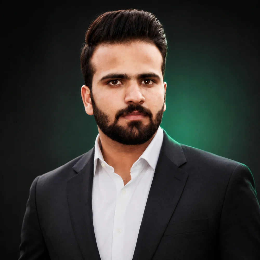 Muhammad Umer Shahzad, AI & Full Stack Engineer, in a dark suit against a green-lit background